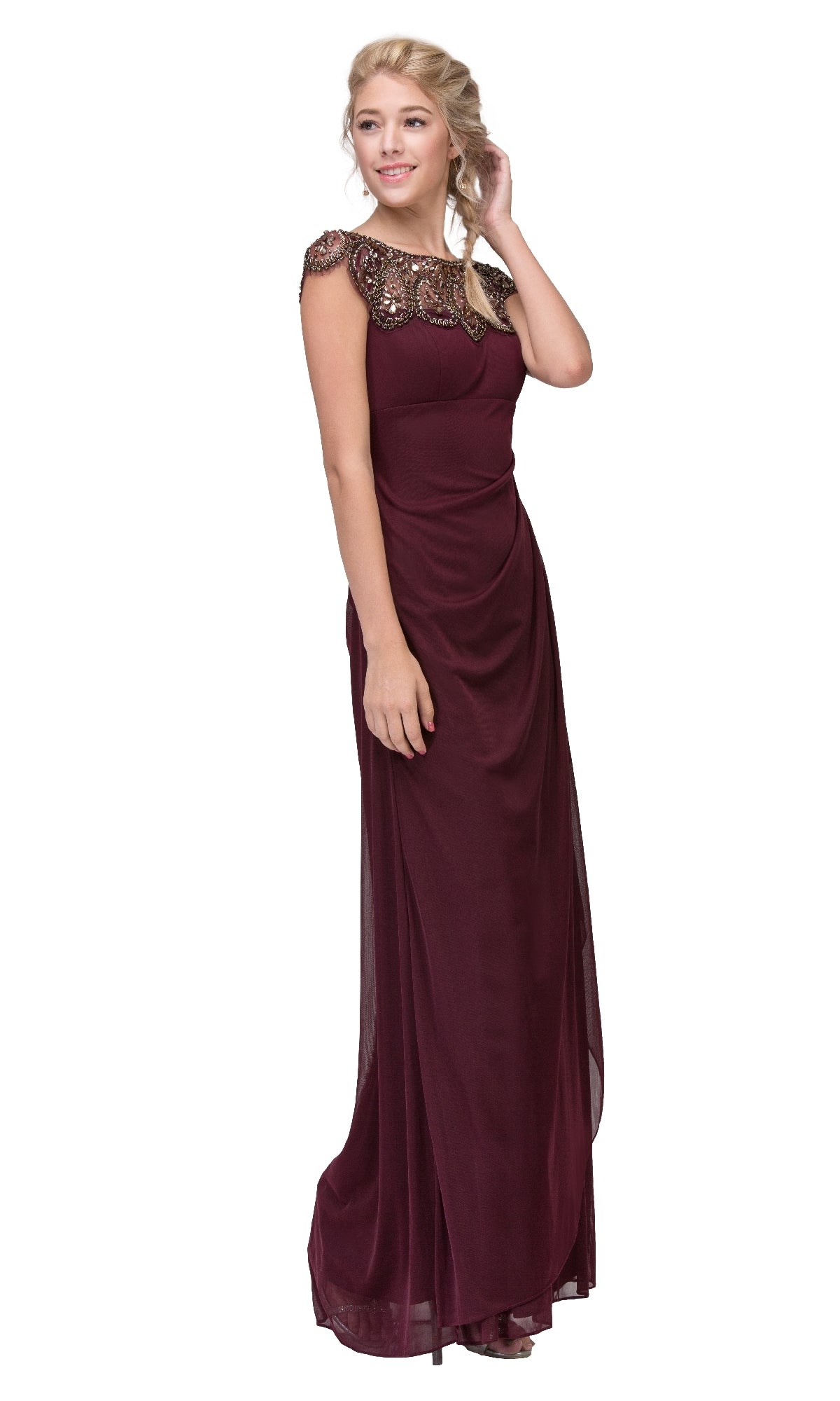 Woman in the Cap-Sleeve Long Formal Dress: Eureka 3927, a floor-length maroon gown with beaded embellishments and cap sleeves, standing against a white background.